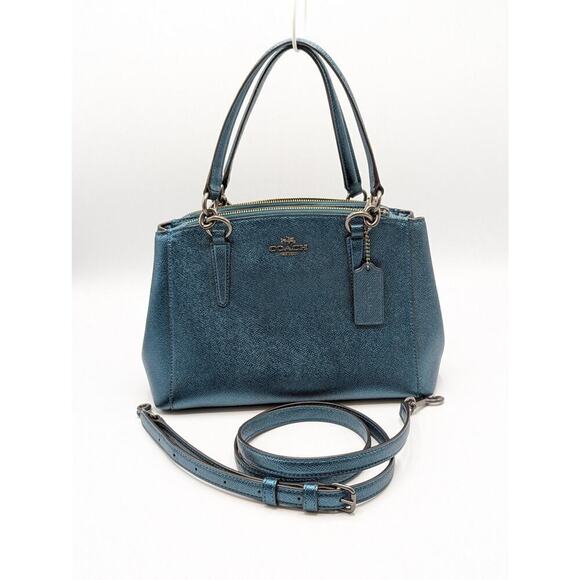 Coach Metallic Teal Leather Mini Christie Carryall Tote Bag - Picture 1 of 12
